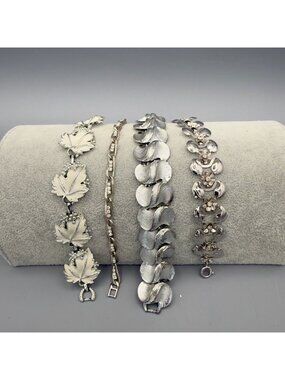 Vintage Silver Tone Leaf Floral Textured Link Bracelets Set Of 4 Sarah Coventry